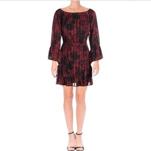 Burgundy off shoulder flowy mini dress